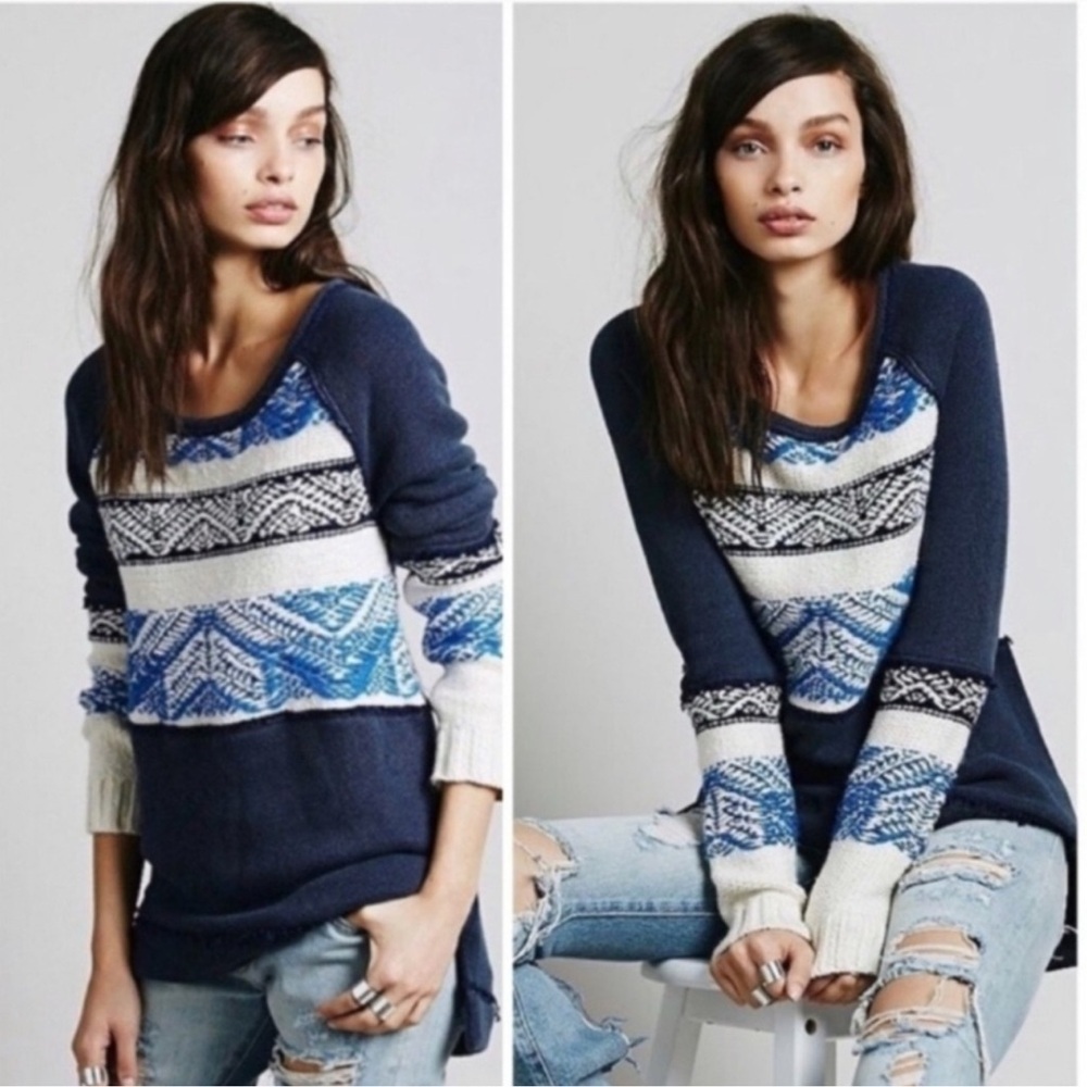 Free People Snow Angel Nordic Fair Isle Sweater Blue Thermal Knit Oversized Med